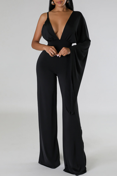 Sexy Solid Patchwork Backless Fold V Neck Regular Jumpsuits
