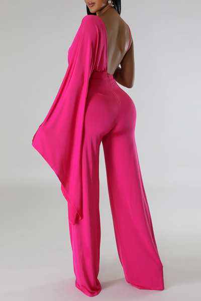 Sexy Solid Patchwork Backless Fold V Neck Regular Jumpsuits