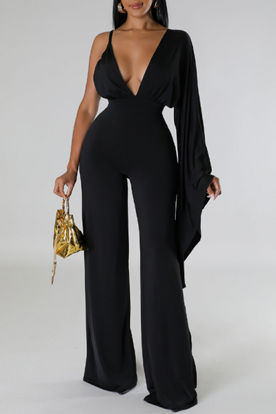 Sexy Solid Patchwork Backless Fold V Neck Regular Jumpsuits