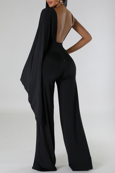 Sexy Solid Patchwork Backless Fold V Neck Regular Jumpsuits