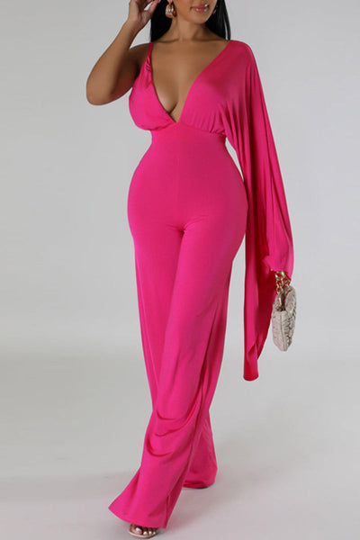 Sexy Solid Patchwork Backless Fold V Neck Regular Jumpsuits