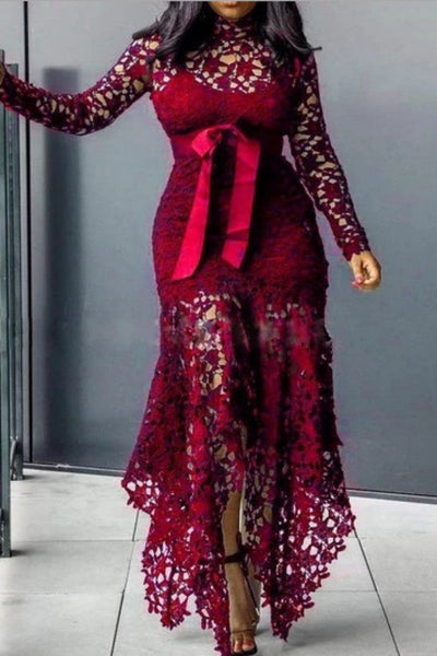 Sexy Casual Solid Hollowed Out Asymmetrical Turtleneck Long Sleeve Dresses