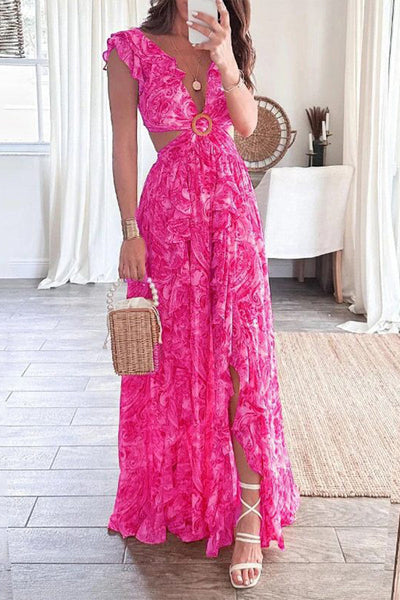 Sexy Floral Backless V Neck Printed Dress Dresses