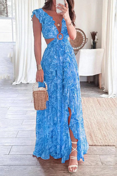 Sexy Floral Backless V Neck Printed Dress Dresses