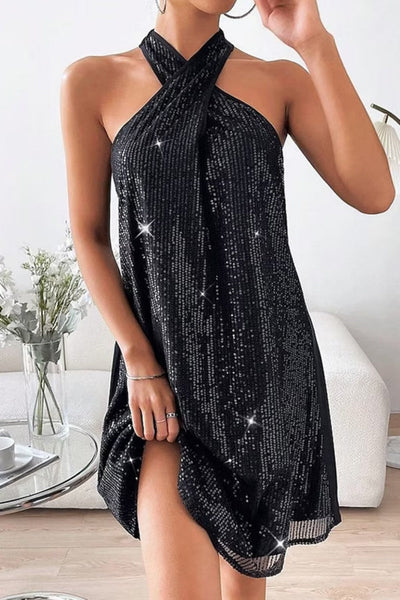 Sexy Patchwork Sequins Backless Halter Sleeveless Dress Dresses