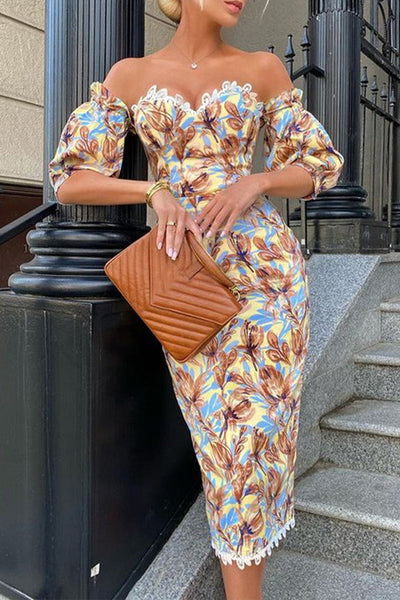Sexy Floral Patchwork Off the Shoulder One Step Skirt Dresses