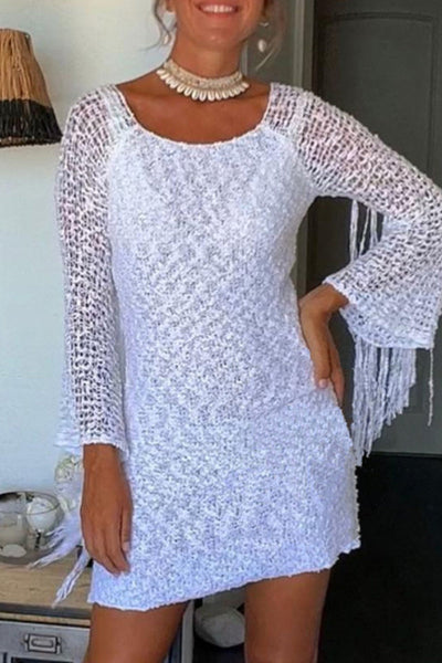 Sexy Solid Tassel Hollowed Out O Neck Wrapped Skirt Dresses