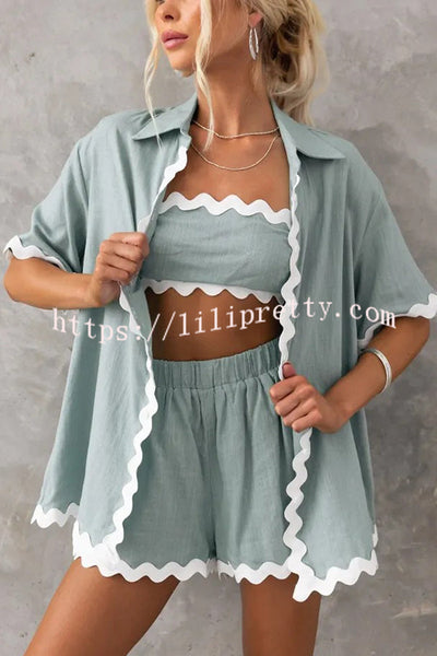 Harry Waved Trim Button Loose Shirt and Elastic Waist Pocketed Shorts Set