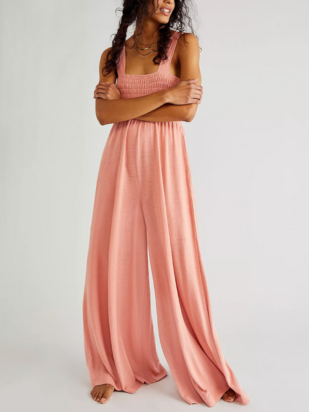 SHORE VACAYS SMOCKED POCKETED WIDE LEG JUMPSUIT - PINK
