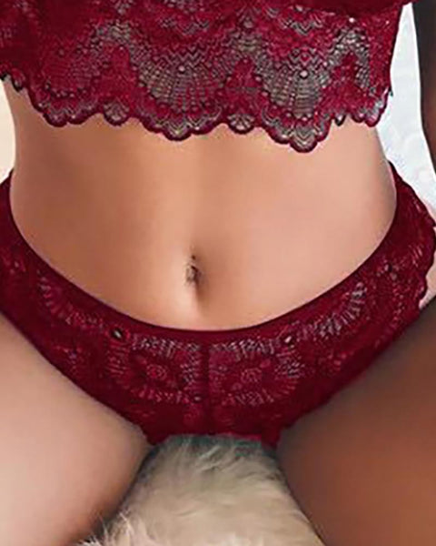 Spaghetti Strap Crochet Lace Bra Set - girlyrose.com