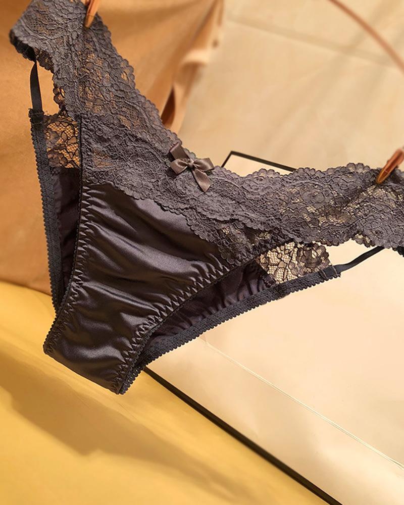 Satin Lace Cutout Seamless Bowknot Decor Panty - girlyrose.com