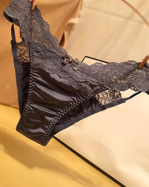 Satin Lace Cutout Seamless Bowknot Decor Panty - girlyrose.com