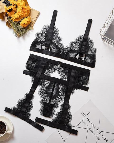 Spaghetti Strap Eyelash Lace Garter Lingerie Set - girlyrose.com