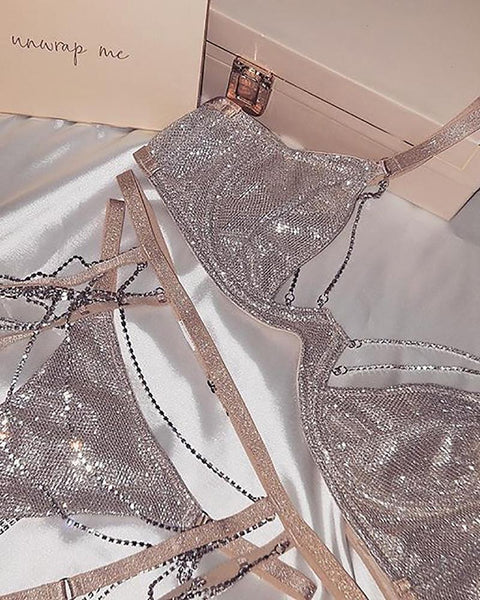 Glitter Studded Chain Strap Garter Lingerie Set - girlyrose.com