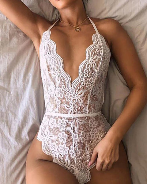 Scalloped  Lace Trim Sheer Teddy Bodysuit - girlyrose.com