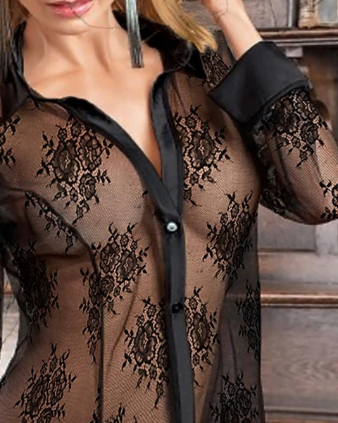 Sheer Mesh Button Front Lace Babydoll - girlyrose.com