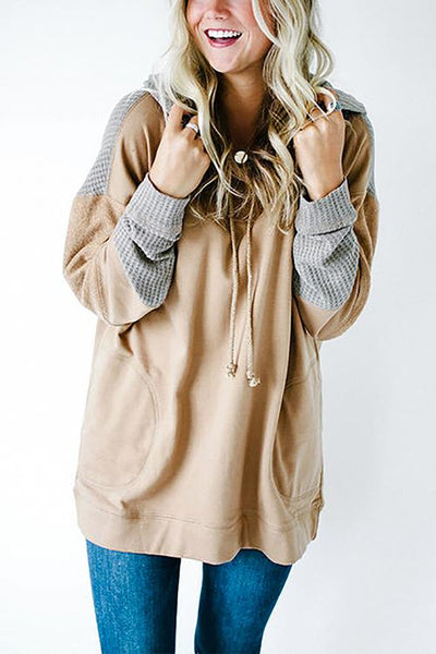 Patchwork Drawstring Pockets Hoodie - girlyrose.com