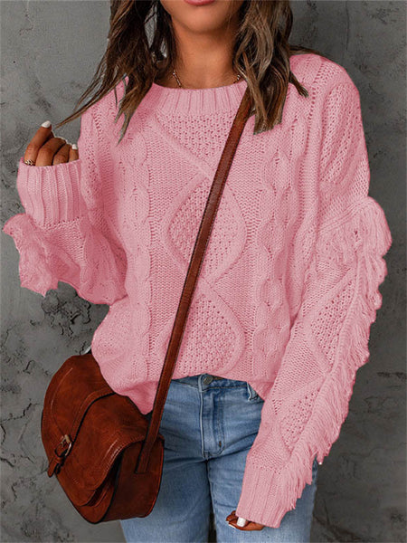 Loose-fitting Turtleneck Fringe Solid Color Pullover Knit Sweater for Women-Corachic