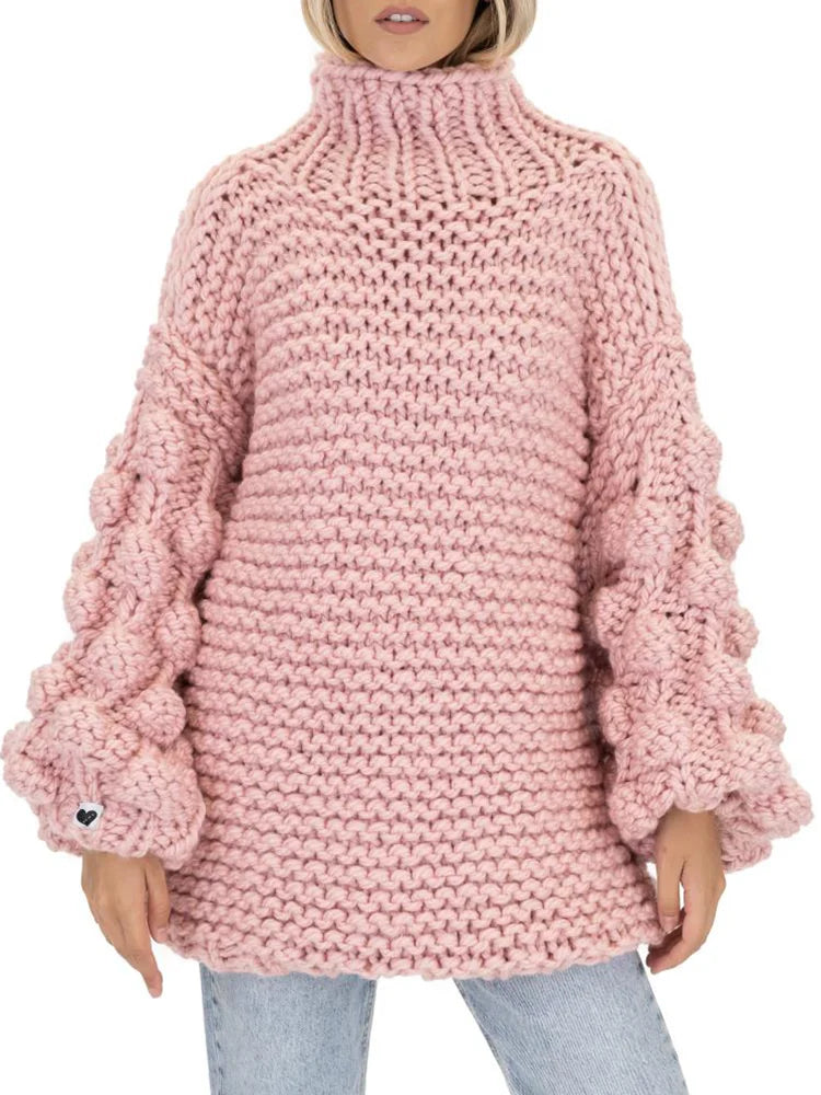 Simple High-Neck Loose Crochet Jacquard Solid Color Sweater Tops