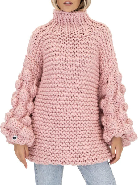 Simple High-Neck Loose Crochet Jacquard Solid Color Sweater Tops