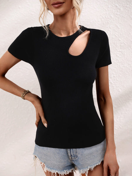 JULISSA RIBBED CUT-OUT KNIT TOP - BLACK