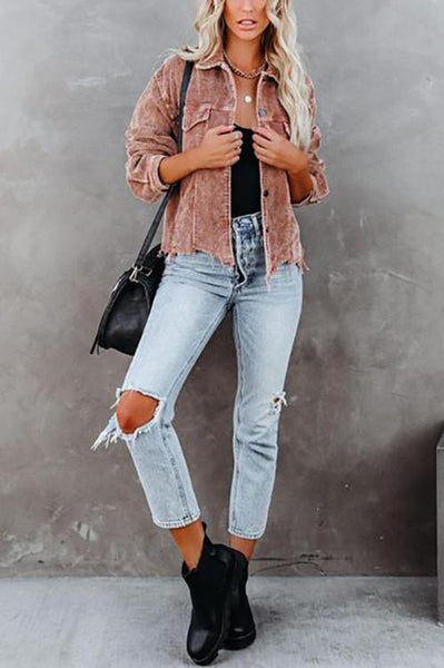 Frayed Hem Cropped Corduroy Jacket