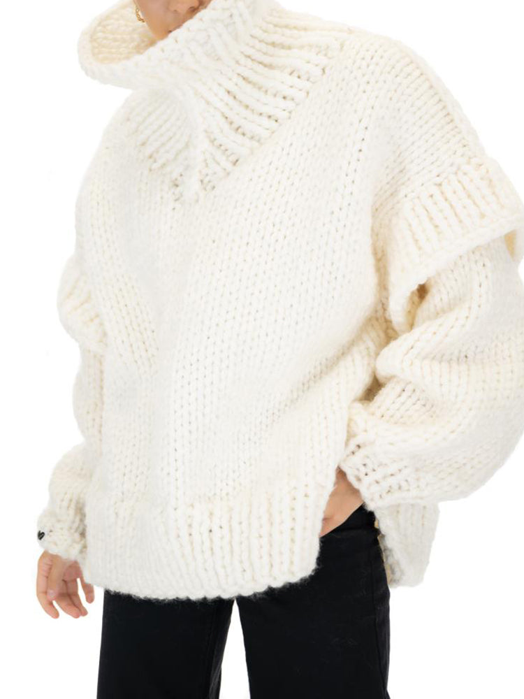 Simple Long Sleeves Loose Split-Joint Crochet High-Neck Sweater Tops