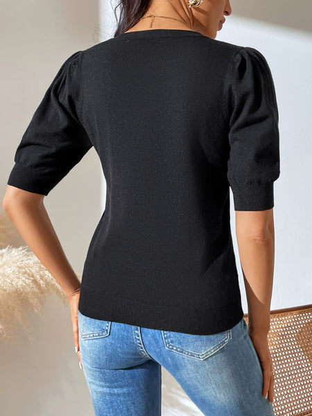 HALO SHORT SLEEVE COTTON BLEND KNIT TOP - BLACK
