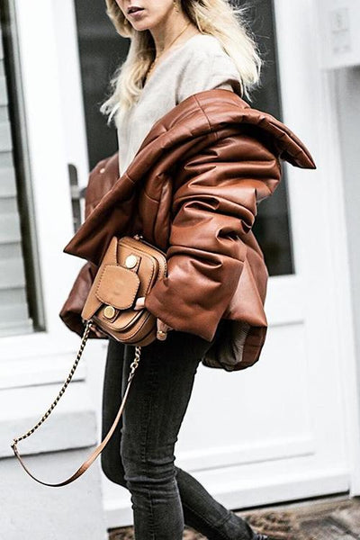 Hide Quilted Stand Collar Button Coat