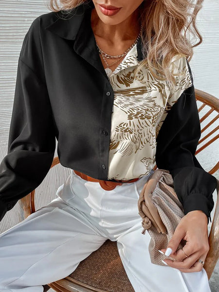 Leisure Buttoned Floral Printed Color-Block Lapel Collar Blouses&Shirts Tops