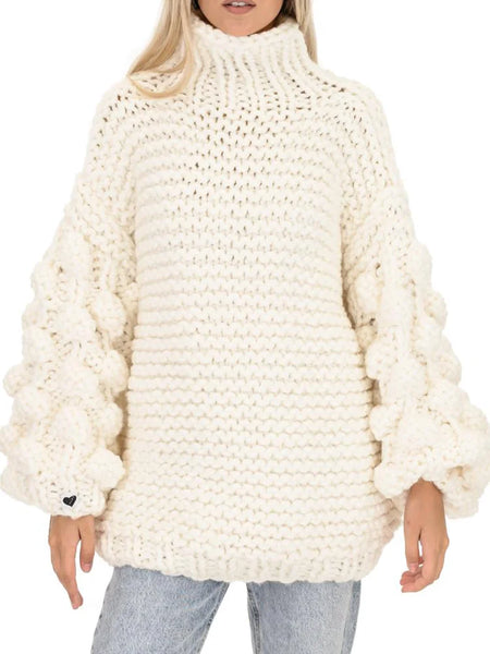 Simple High-Neck Loose Crochet Jacquard Solid Color Sweater Tops