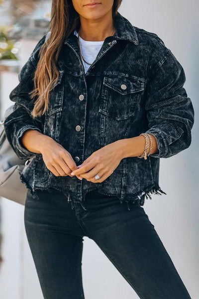 Frayed Hem Cropped Corduroy Jacket