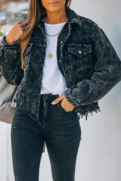 Frayed Hem Cropped Corduroy Jacket