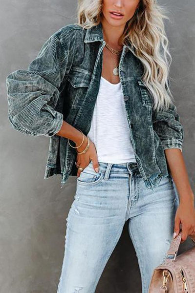 Frayed Hem Cropped Corduroy Jacket