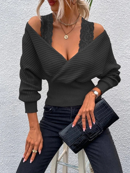 Simple Long Sleeves Hollow Lacy Solid Color V-Neck Sweater Tops