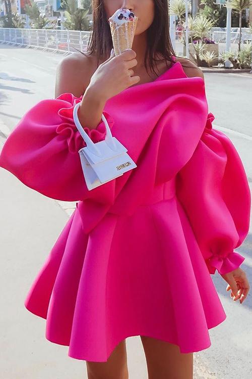Off Shoulder Puff Sleeve Mini Dress - girlyrose.com