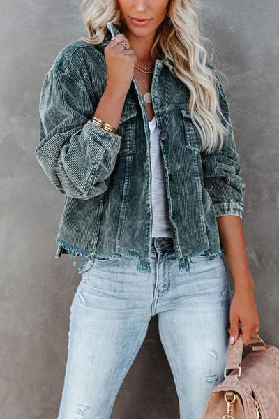 Frayed Hem Cropped Corduroy Jacket