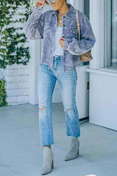 Frayed Hem Cropped Corduroy Jacket