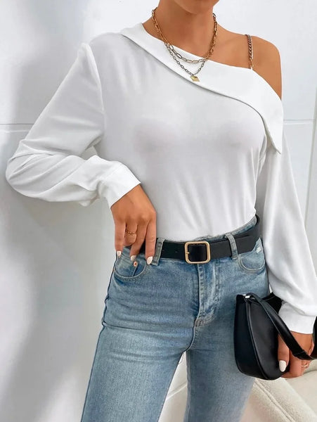 Leisure Loose Long Sleeves Chains Asymmetric T-Shirts Tops