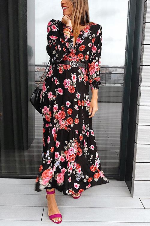 Floral Print Long Sleeve Wrap Dress - girlyrose.com