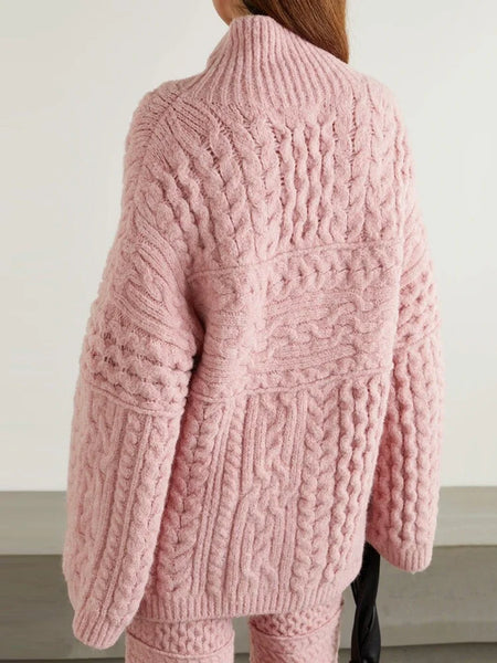 Simple Sweater Jacquard Round-Neck Top Straight Leg Pants Two-Pieces Set