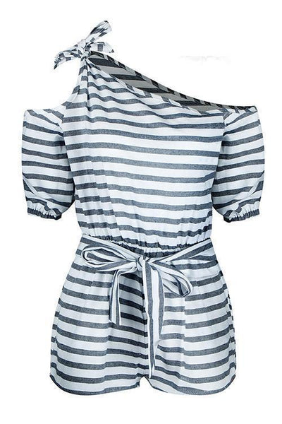 Stripe Knot One Shoulder Romper - girlyrose.com