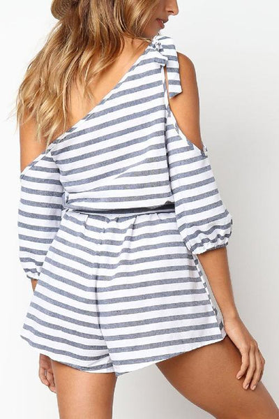 Stripe Knot One Shoulder Romper - girlyrose.com