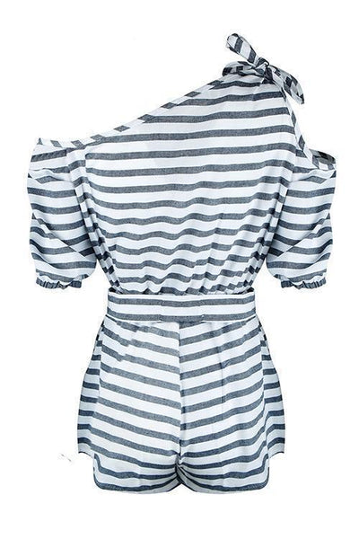 Stripe Knot One Shoulder Romper - girlyrose.com