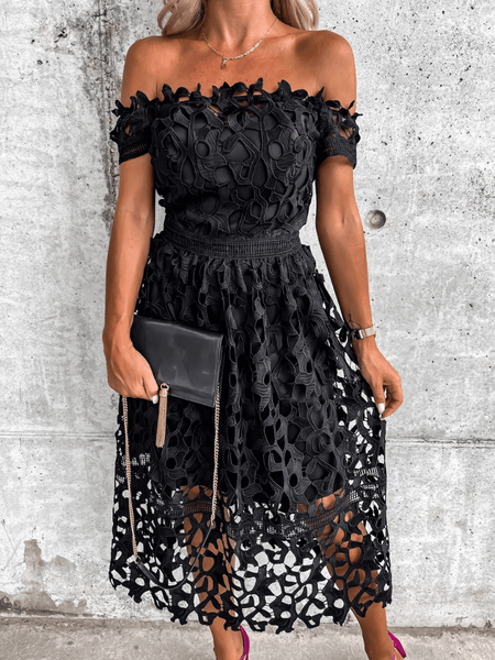 LOVE STORY BABY LACE OFF SHOULDER MIDI DRESS - BLACK