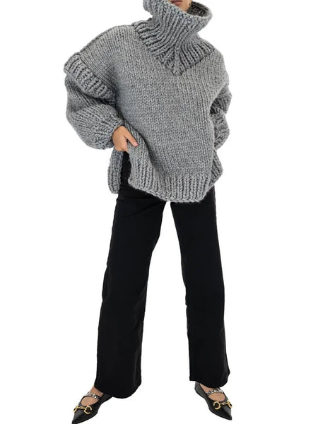 Simple Long Sleeves Loose Split-Joint Crochet High-Neck Sweater Tops