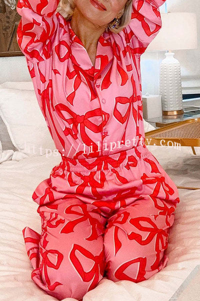 Give You A Surprise Gift Bow Printed Elastic Waist Pocketed Pajama Set