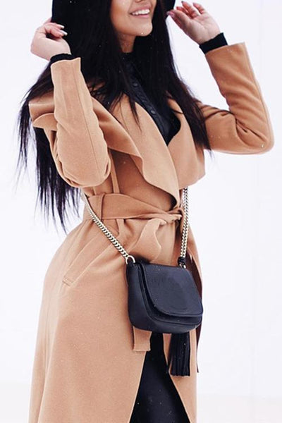 Lapel Woolen Coat With Belt - girlyrose.com