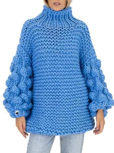 Simple High-Neck Loose Crochet Jacquard Solid Color Sweater Tops