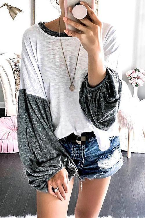 Patchwork Puff Sleeve T Shirt - girlyrose.com